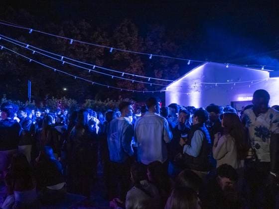 Sotto tre file di lampadine la folla è tutta blu, di spalle, rivolta verso la parete bianca illuminata in fondo al giardino. Notte inoltrata, bicchieri in mano e nessuno seduto.